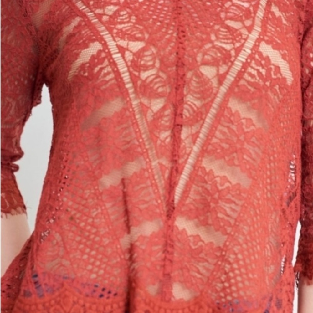🌹NEW! Elegance & Lace, Handmade, Luxury Back Tie Top. Color Brick Red. S, M, L